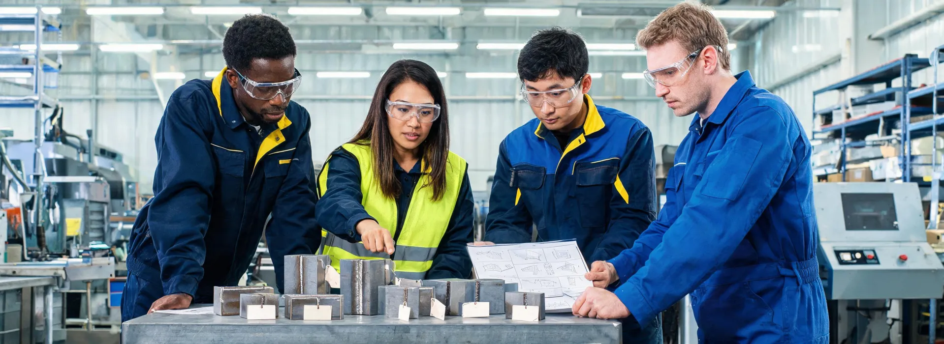 Welding engineering team reviewing production coupons