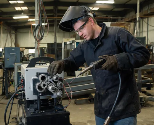 Welding production specialist checking wire feeding