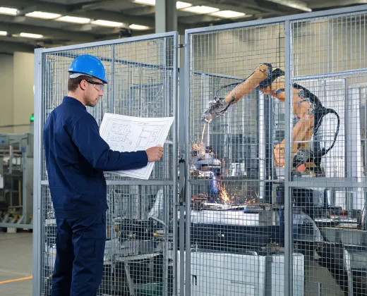 Automation controls engineer beside robot cell