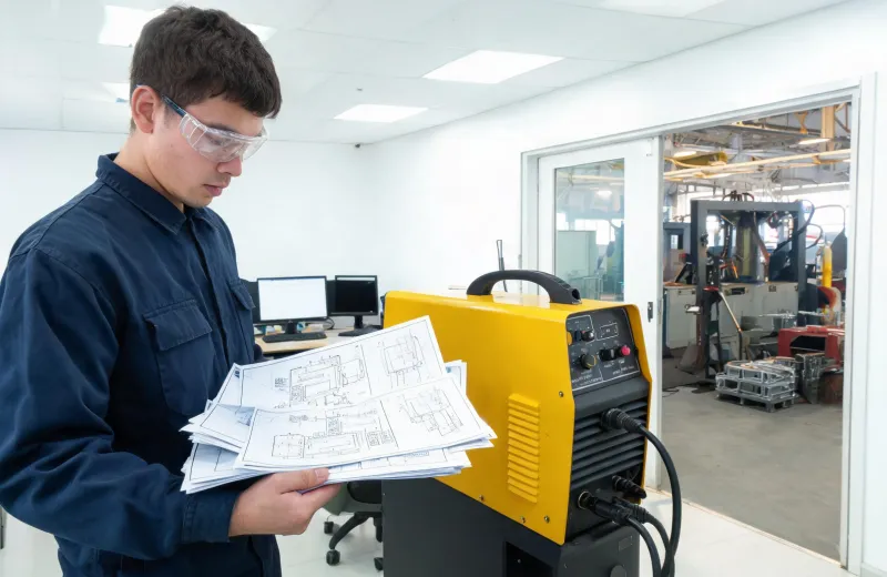 Application engineer reviewing a welding cell drawing