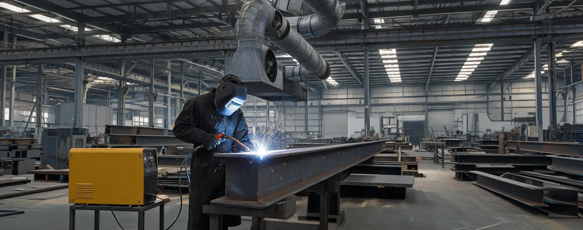 ESAB welding system operating in a fabrication bay
