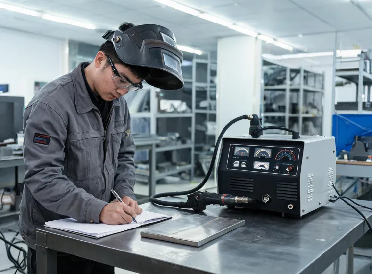 Engineer recording welding parameters during a coupon trial